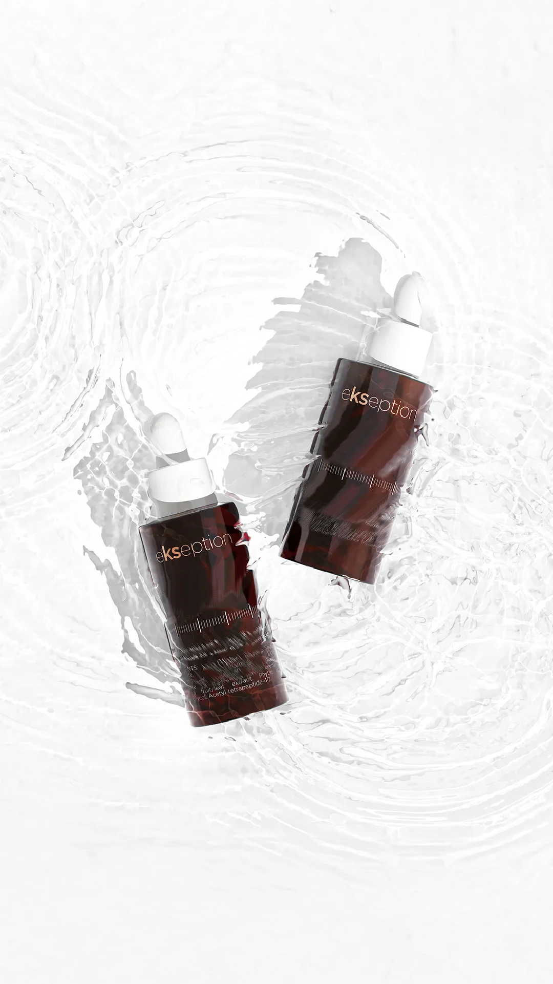 Two Ekseption serum bottles on rippled water